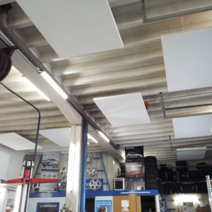 Mounting ABSOPANEL sound absorbing panels directly on the ceiling of an automobile garage